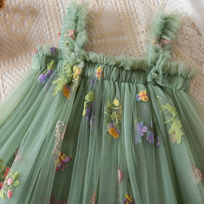 NEW 2026 Baby & Toddler Girls Fairy Floral Embroidered Mesh Tutu Dress - Sage Green Princess Sling Dress (9M-5T)