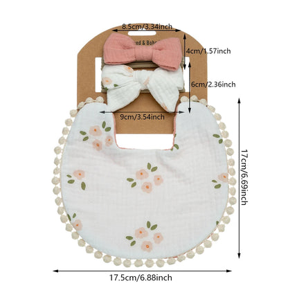 3pc Baby Girl Double-Gauze Muslin Bib & Headband Set - Soft Cotton Floral Saliva Towel & Bows