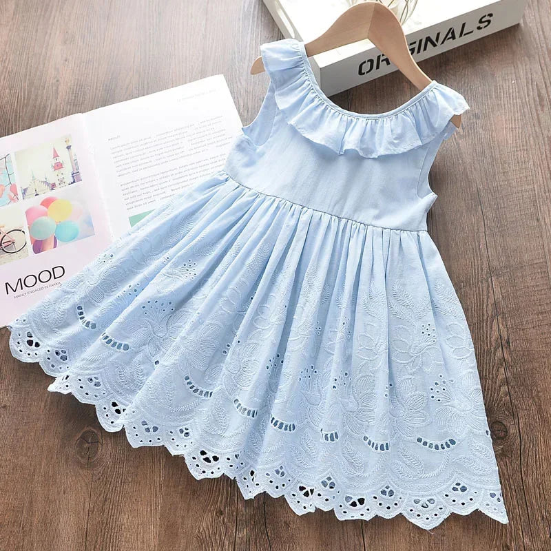 Toddler & Girls’ Blue Cotton Eyelet Lace Summer Dress – Elegant Ruffle Princess Party Outfit (Sizes 2T-6)