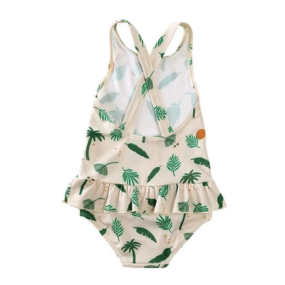 Girls Cross-Back Ruffle Swimsuit & Sun Cap Set – Premium Boho Prints (9M–9Y)