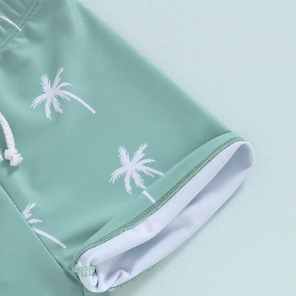 Dinosaur & Palm Tree Swim Trunks | Quick-Dry Board Shorts | Teal & Ivory White | (6M-4T)