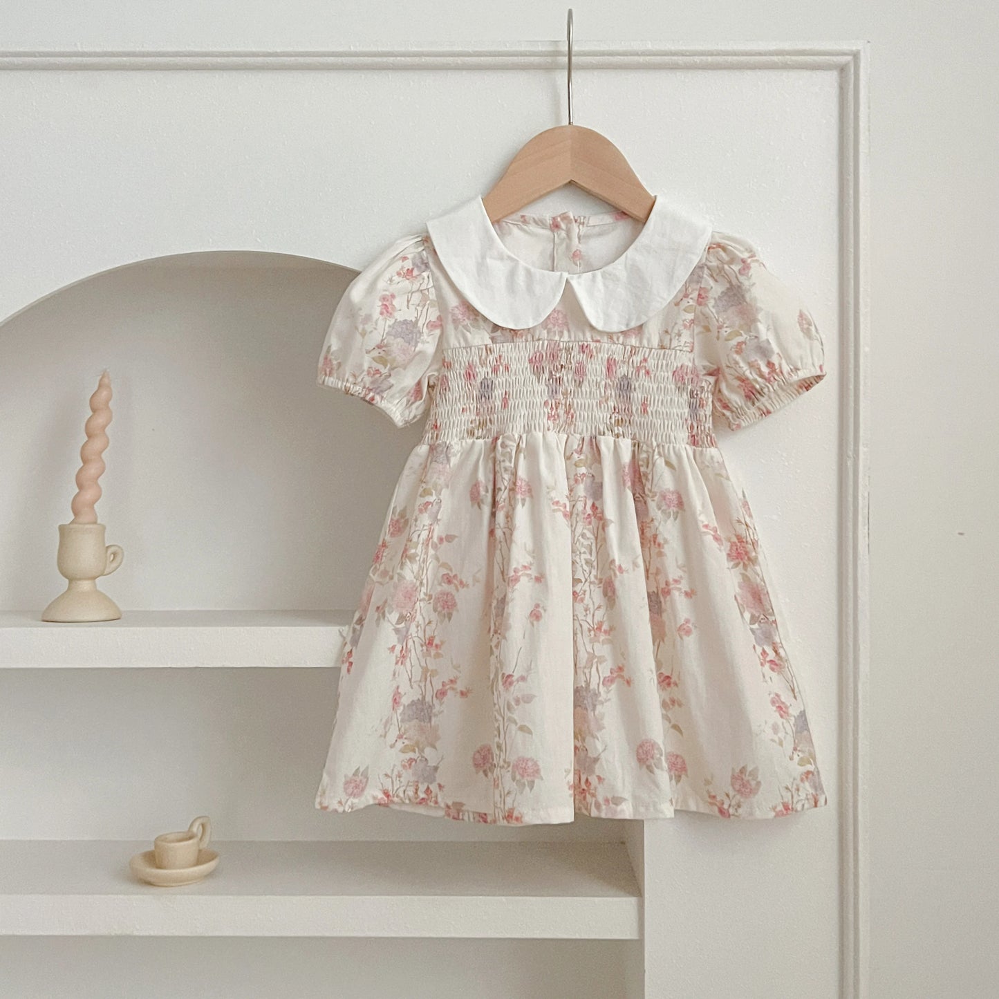 Pink Floral Smocked Sister Matching Outfits - Puff Sleeve Cotton Romper & Princess Dress (3M-6T)