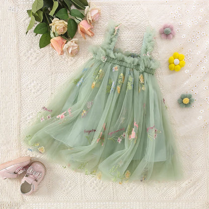 Fairy Princess Tulle Dress - Sage Green Floral Embroidery (6M-5T)