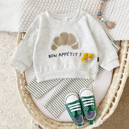 Bon Appétit Croissant Baby Set | French Style Cotton Top & Striped Leggings (6M-3T)