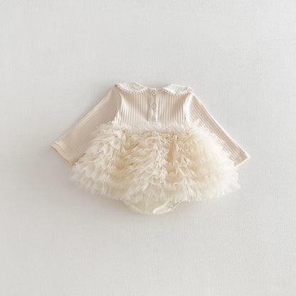 Baby Girl Princess Tulle Dress Bodysuit - Cream Peter Pan Collar Romper with Gold Crown (3-24M)