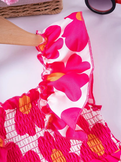 Girls Floral Summer Dress with Ruffled Sleeves & Smocked Waist (2T-6T)