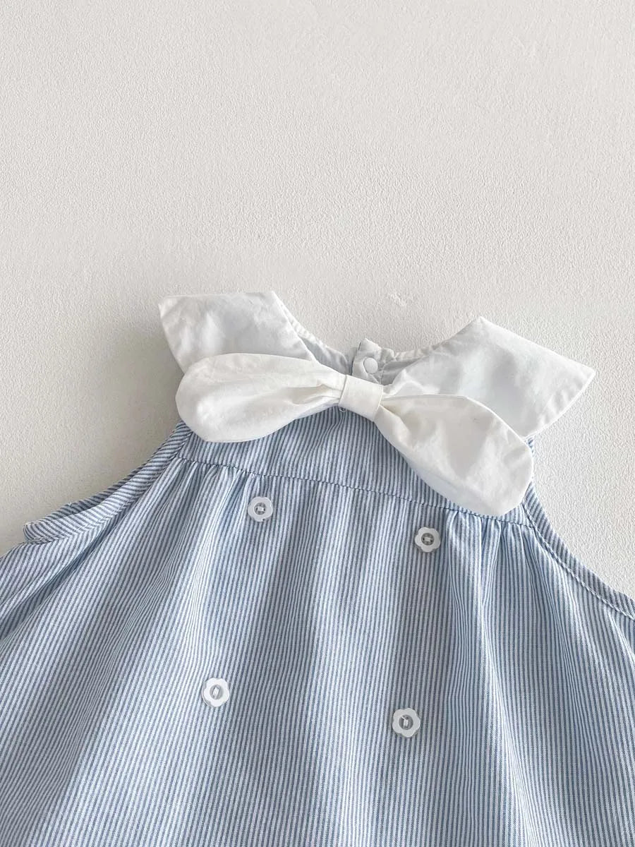 Baby Girl Summer Sailor Dress Romper - Sky Blue Striped Sleeveless Jumpsuit with Bow & Nautical Collar (0-18M)