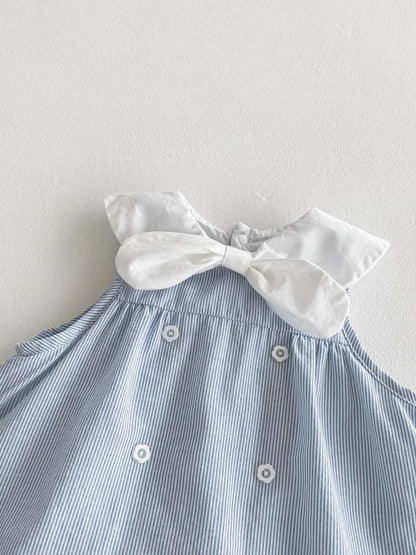 Baby Girl Summer Sailor Dress Romper - Sky Blue Striped Sleeveless Jumpsuit with Bow & Nautical Collar (0-18M)