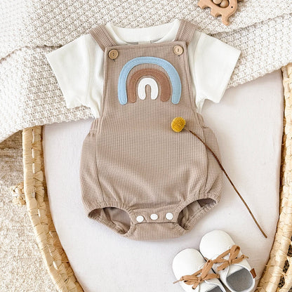 Infant Rainbow Appliqué Waffle Romper Set with Criss-Cross Back & Snap Bottoms (1-18M)