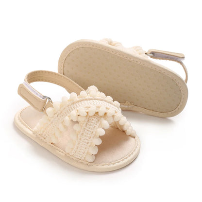 Boho Infant Girls Pom Pom Sandals - Non-Slip Soft Sole First Walker Shoes (0-18M)