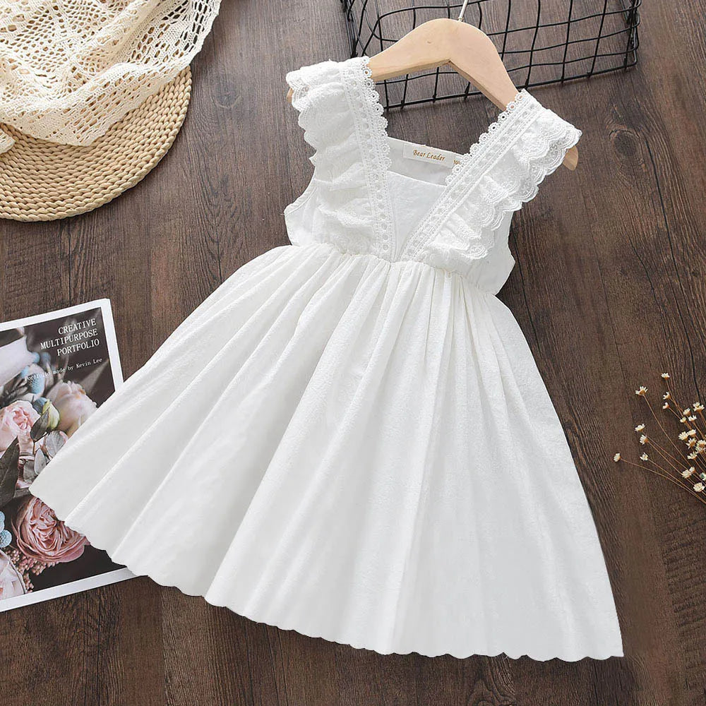 Girls White Lace Ruffle Summer Dress - Soft Cotton Occasion Wear (2T-7)