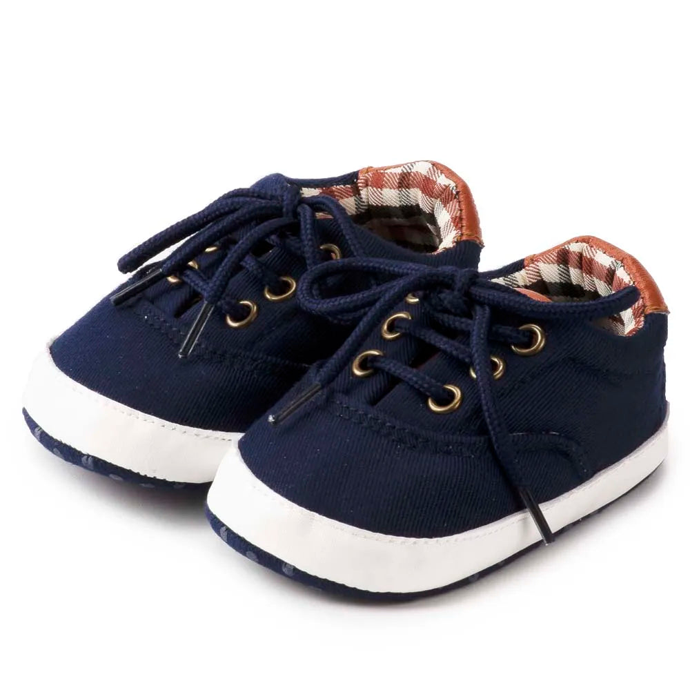 Baby Boy Canvas Shoes Soft Sole Non-Slip First Walkers Infant & Toddler Pre-Walker Sneakers Plaid Lining Lace-Up (0-18M)