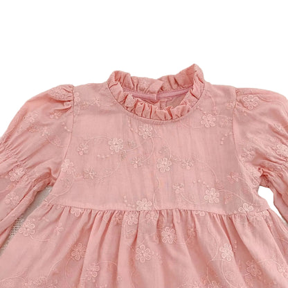 Toddler & Girls Pink Floral Embroidered Long Sleeve Tiered Dress (2T-6T)