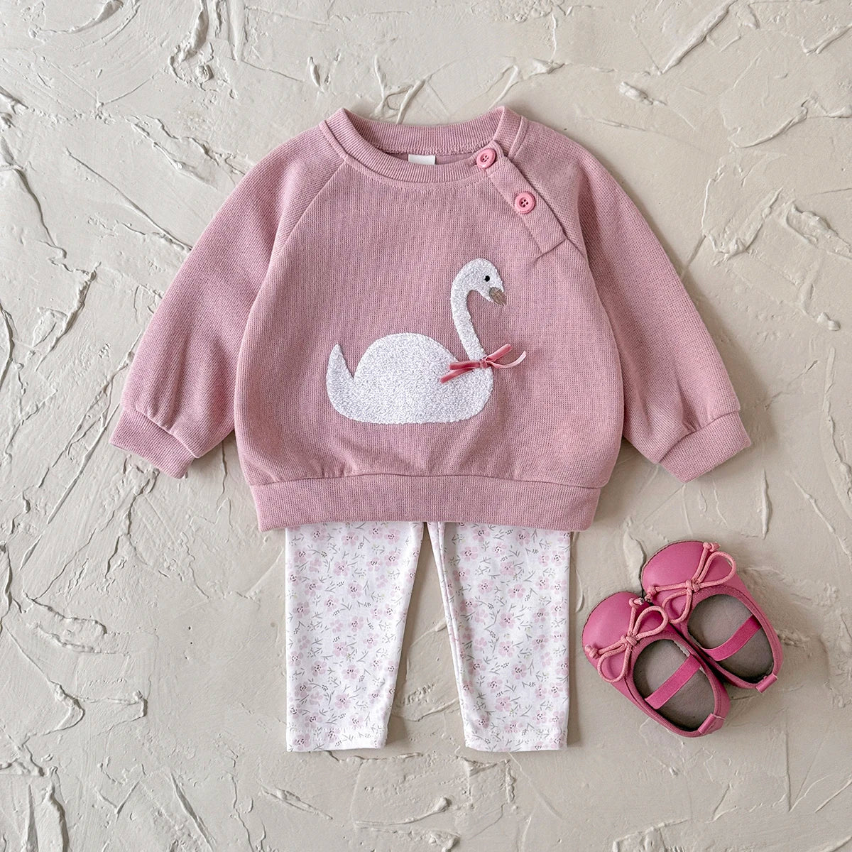 Baby Girl Swan Embroidery Pullover & Floral Print Leggings Outfit Set (6M-3T)