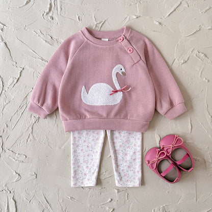 Baby Girl Swan Embroidery Pullover & Floral Print Leggings Outfit Set (6M-3T)