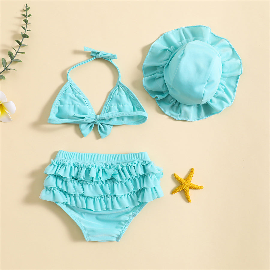 3-Piece Infant Baby Girl Summer Swimsuit Set - Ruffle Halter Bikini Top, Tutu Shorts & Sun Hat (0-24M)