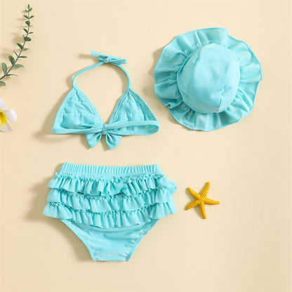 3-Piece Infant Baby Girl Summer Swimsuit Set - Ruffle Halter Bikini Top, Tutu Shorts & Sun Hat (0-24M)