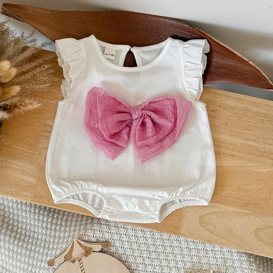 Baby Girl Ruffle Sleeve Knitted Bodysuit - Sweet Summer One-Piece Romper with Large Bow (1-18M)
