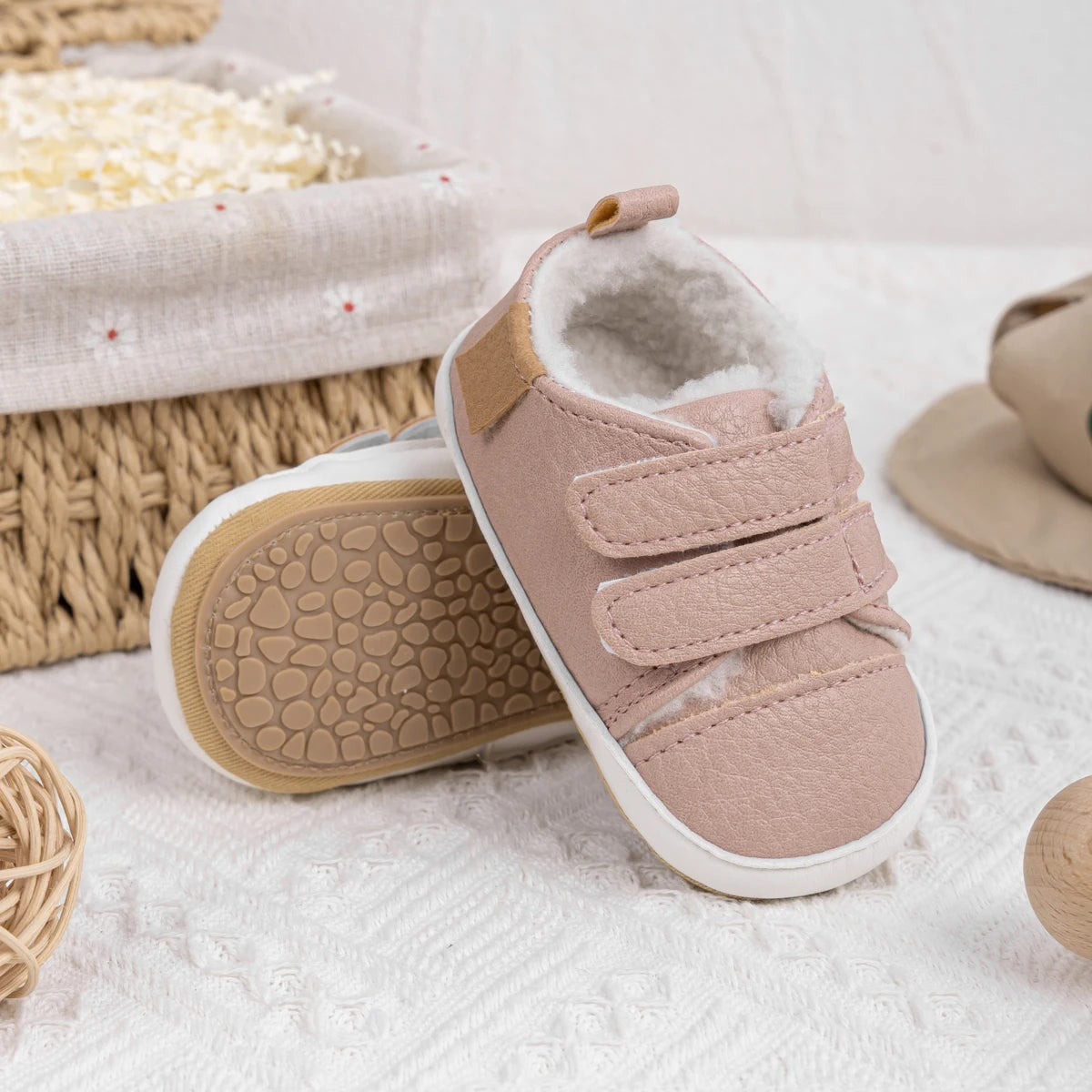 Baby Girl Pink Fleece-Lined Soft Sole Sneakers - First Walkers (0-18M)
