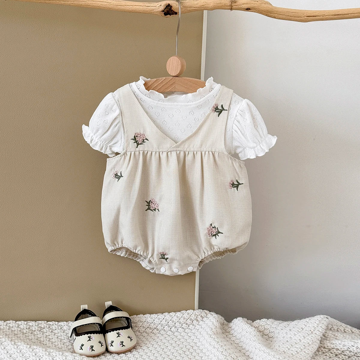 Baby Girl 2-Piece Embroidered Floral Romper Set - White Puff Sleeve Shirt & Camisole Overalls (0-24M)