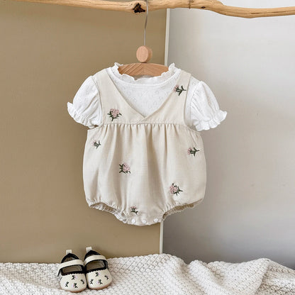 Baby Girl 2-Piece Embroidered Floral Romper Set - White Puff Sleeve Shirt & Camisole Overalls (0-24M)