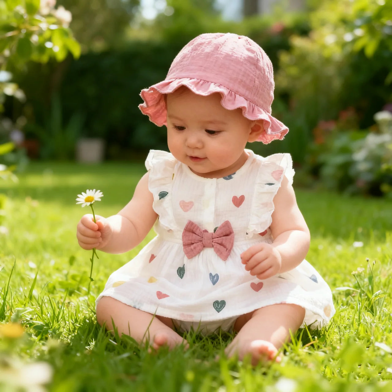 Newborn Baby Girl Heart Print Muslin Cotton Dress & Hat Set - 2PCS Sleeveless Summer A-Line Outfit (0-9M)
