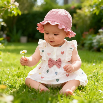 Newborn Baby Girl Heart Print Muslin Cotton Dress & Hat Set - 2PCS Sleeveless Summer A-Line Outfit (0-9M)