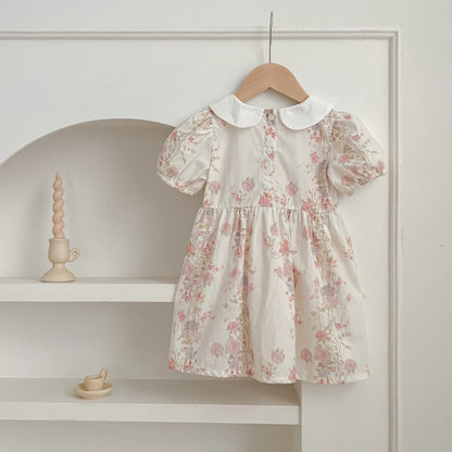 Pink Floral Smocked Sister Matching Outfits - Puff Sleeve Cotton Romper & Princess Dress (3M-6T)