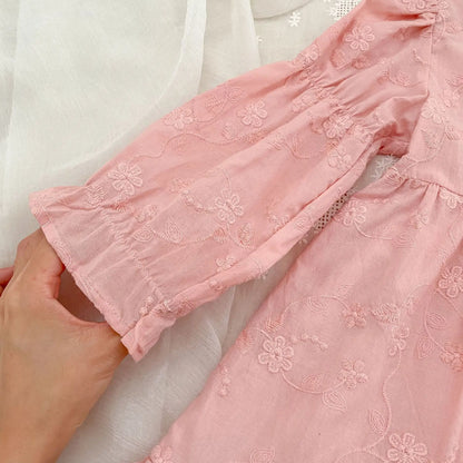 Toddler & Girls Pink Floral Embroidered Long Sleeve Tiered Dress (2T-6T)