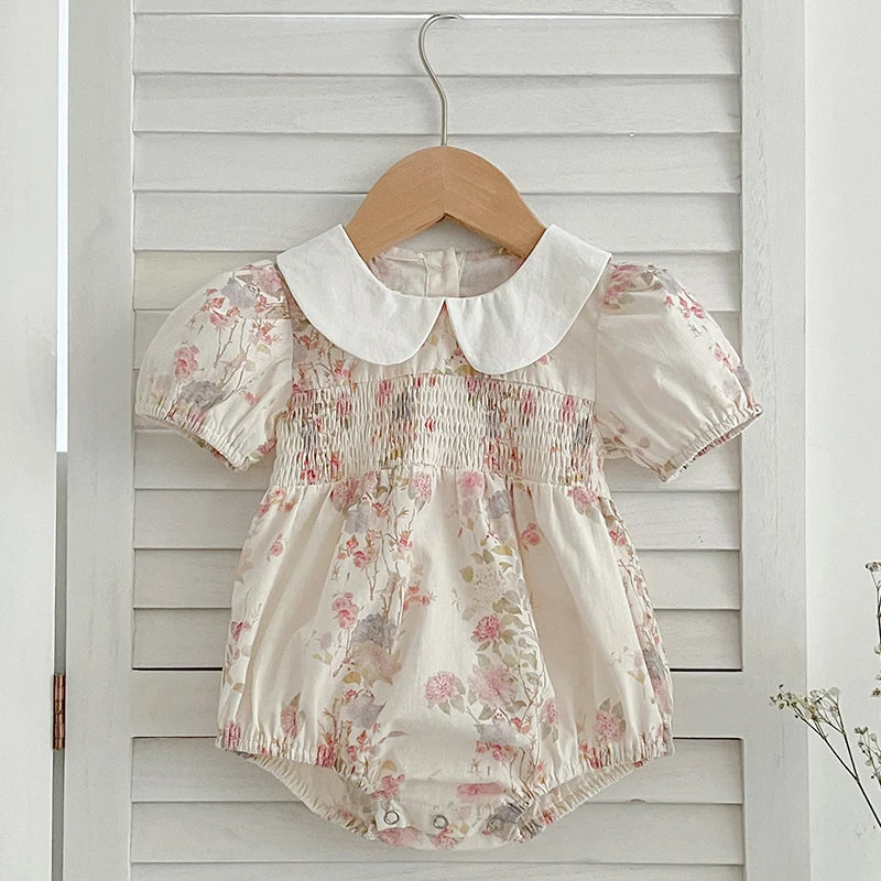 Pink Floral Smocked Sister Matching Outfits - Puff Sleeve Cotton Romper & Princess Dress (3M-6T)