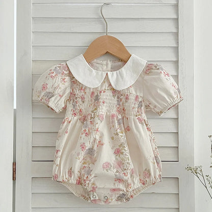 Pink Floral Smocked Sister Matching Outfits - Puff Sleeve Cotton Romper & Princess Dress (3M-6T)