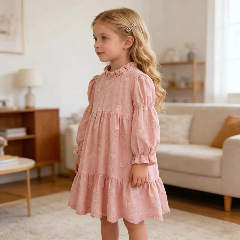Toddler & Girls Pink Floral Embroidered Long Sleeve Tiered Dress (2T-6T)