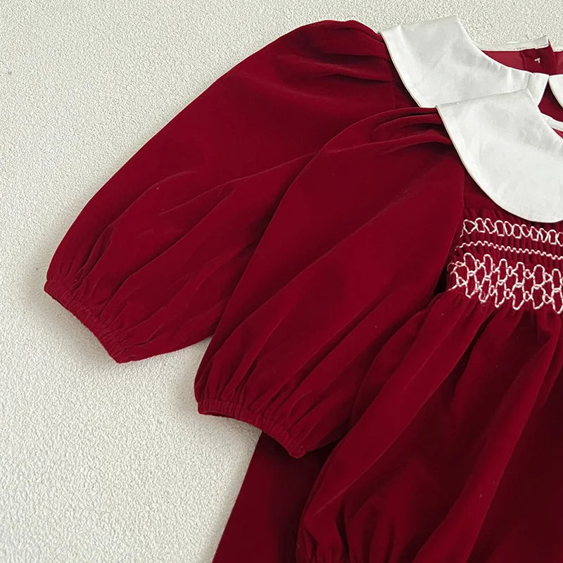 Baby Girl Red Christmas Bubble Romper | Smocked Holiday Outfit with Collar (3-24M)