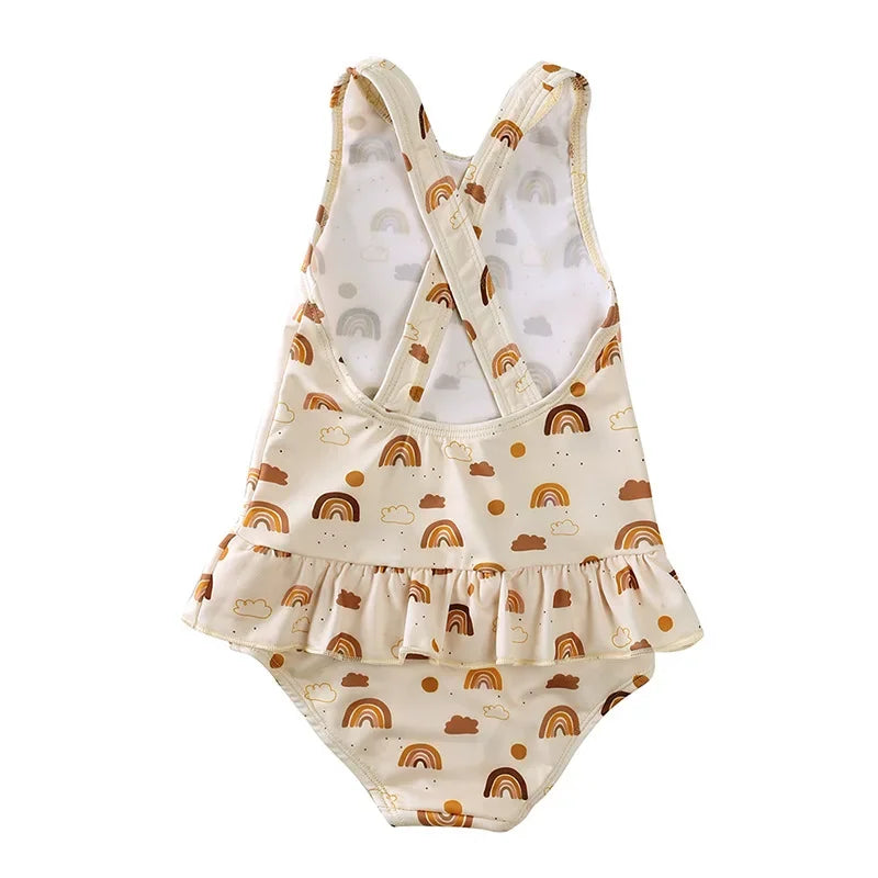 Girls Cross-Back Ruffle Swimsuit & Sun Cap Set – Premium Boho Prints (9M–9Y)