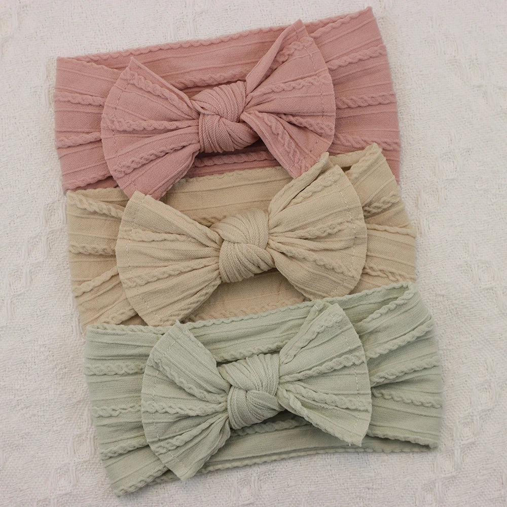 3-Pack Baby Nylon Headbands - Soft Cable Knit Stretchy Bows for Infants & Toddlers (0-3T)