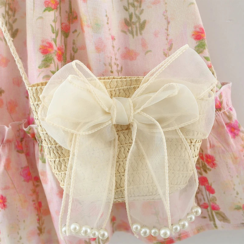 Summer Baby Girl Floral Princess Dress - Pink Fly Sleeve Flower Girl Dress with Matching Bag (9M-4T)