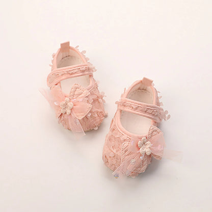 Baby Girl Princess Floral First Walker Shoes - Soft Sole Infant Crib Flats with Bow & Petal Detail, (3-12M)
