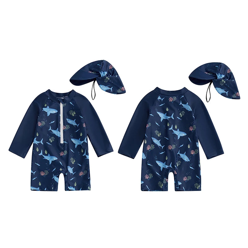 Navy Blue Shark Rash Guard Swimsuit & Sun Hat Set | UPF 50+ Protection (0-5T)
