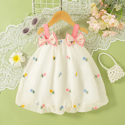 Baby & Toddler Girl Floral Embroidery Summer Princess Dress - Halter Bow Ball Gown (9M-3T)