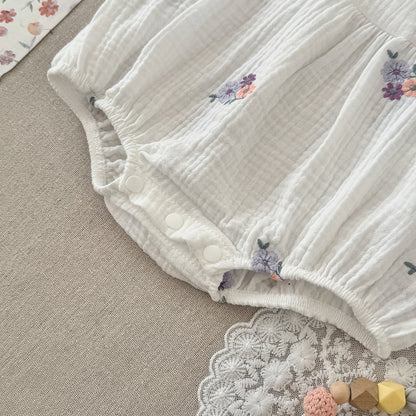 Summer Embroidered Floral Baby Romper - White Cotton Muslin Ruffle Sleeve Bodysuit (6-18M)
