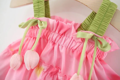 Toddler Girls' 2-Piece Summer Outfit - Pink Heart Tulip Strap Top & Shorts Set (6M-4T)