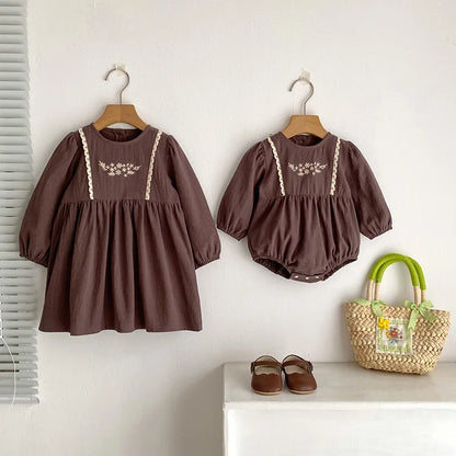 Toddler & Girls Brown Floral Embroidered Cotton Long Sleeve Dress (2T-6T)