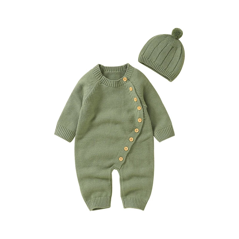 Knitted Baby Romper & Hat Set - Soft Side-Button Jumpsuit (0-18M)