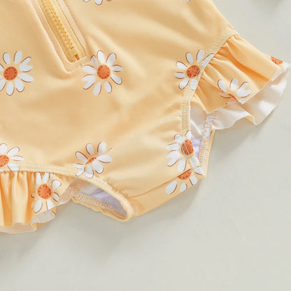 Baby Girl Daisy Floral Long Sleeve Rash Guard Swimsuit with Sun Hat – Toddler One-Piece Bathing Suit (6M-3T)