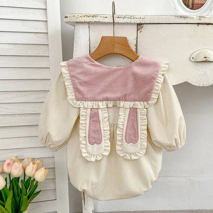 Baby Girl Bunny Ear Easter Bodysuit - Long Sleeve Cotton Jumpsuit (3-24M)