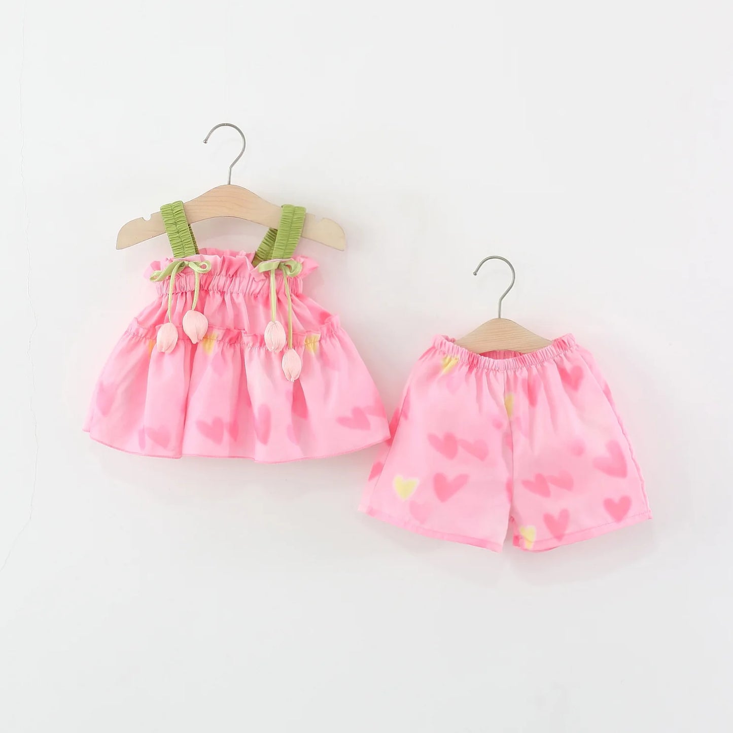 Toddler Girls' 2-Piece Summer Outfit - Pink Heart Tulip Strap Top & Shorts Set (6M-4T)