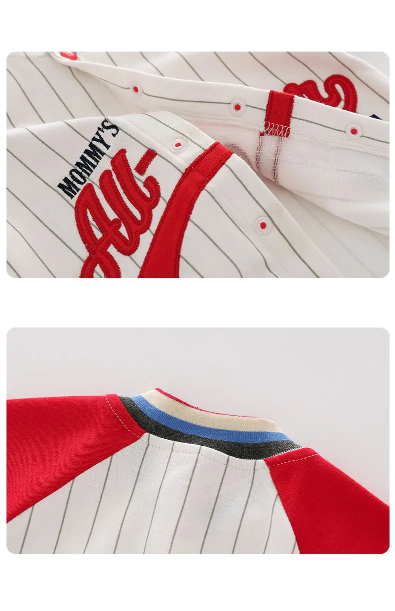 Mommy's All-Star Baseball Romper | Pinstripe Cotton Jersey - Red/White (0-18M)