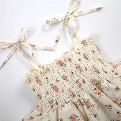 Baby Girl Summer Floral Romper Set – Sleeveless Ruffled Jumpsuit with Matching Bow Headband, Beige Cotton Blend (0-24M)