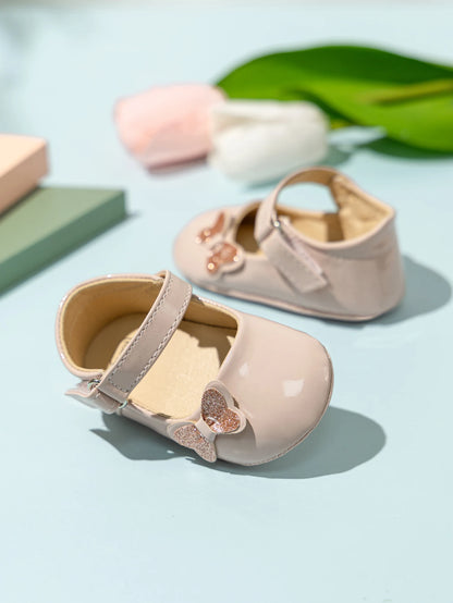 Patent Baby Girl Butterfly Mary Janes: Non-Slip Soft Sole (0-18M)