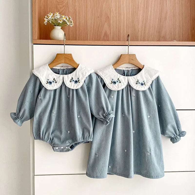 Sister Matching Floral Outfits: Blue Corduroy Embroidered Baby Romper & Girls Princess Dress - Coordinated Sister Boutique Set